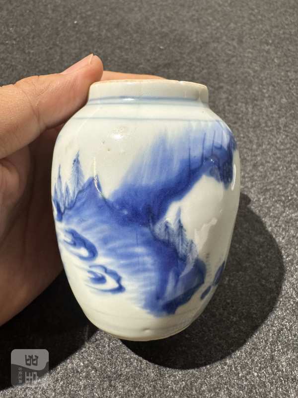 明崇祯 青花刘阮遇仙图莲子罐 - 图4